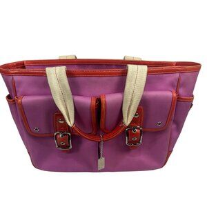 Coach Leatherware Tote Bag In Pink & Red With Multiple Pockets & Buckle Accents